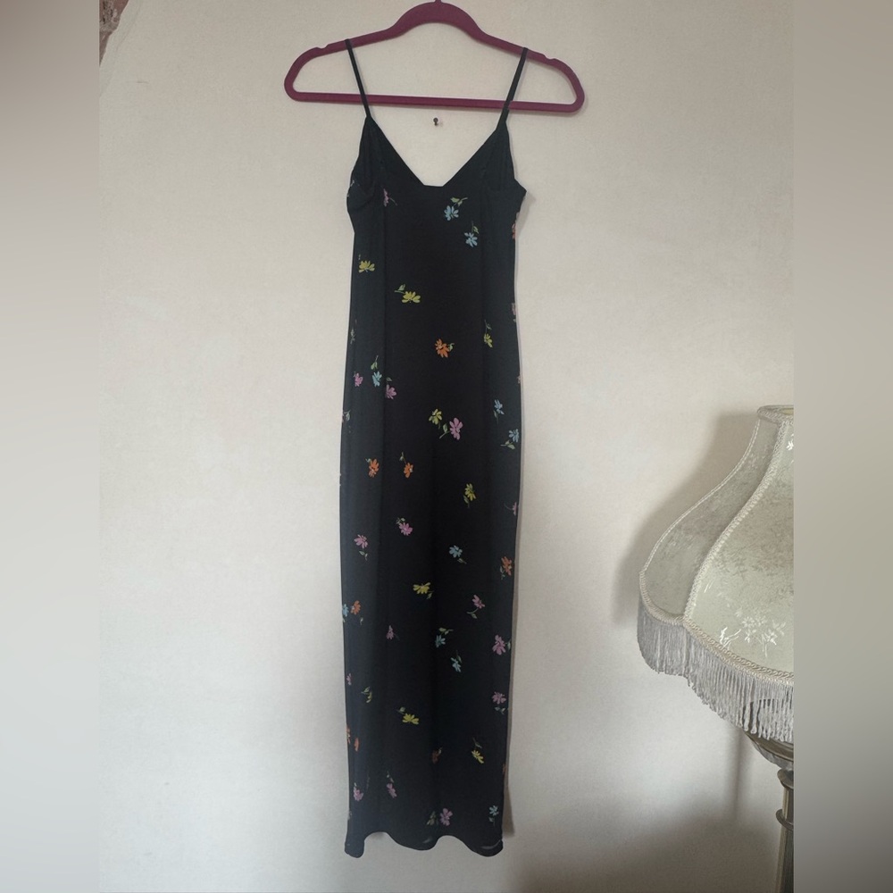 AFRM Black Mesh Maxi Slip Dress with Multicolor Floral Print